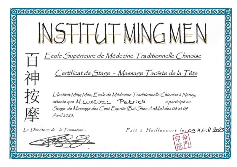 certificat massage taoiste nancy